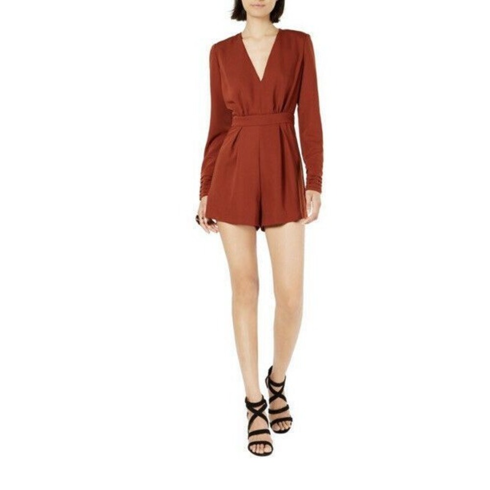 Leyden Women's Red Rust Gathered V-Neck‎ Long Sleeves Romper XL NWT
